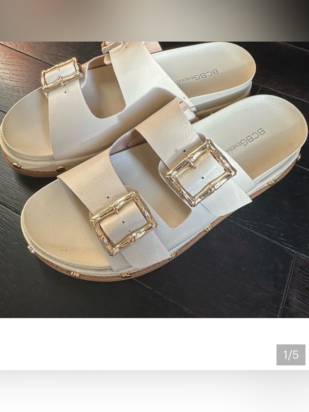 BCBGeneration Cream Double-Buckle Slide Sandals with Gold Buckles